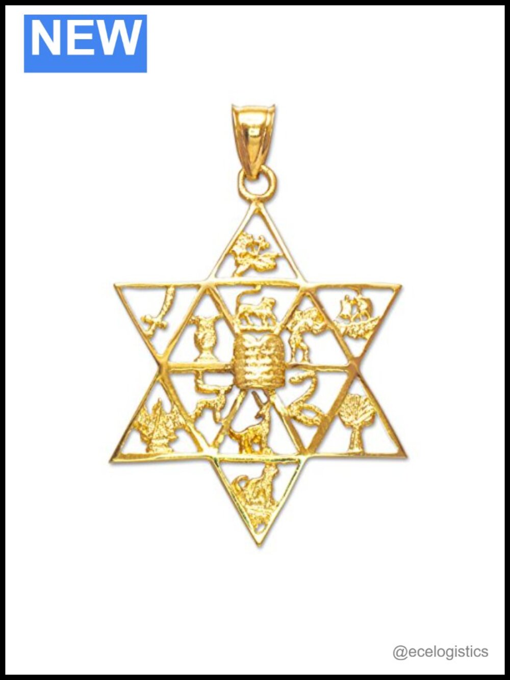 14k Yellow Gold Star of David 12 Tribes of Israel Charm Pendant